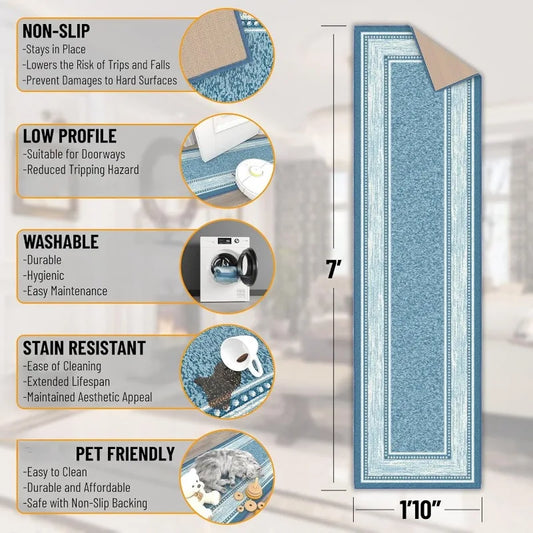 Machine Washable Bordered Design Non-Slip Rubberback 2x7 Traditional Runner Rug for Hallway, Kitchen, Bedroom, 1'10" x 7', Blue