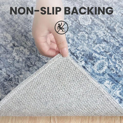 Blue 5' Round Rug Washable Rug for Entryway Soft Non-Slip Area Rugs Distressed Floral Low-Pile Carpet, Neutral Vintage Circle