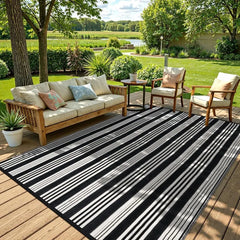 Outdoor Rug Waterproof for Patio Clearance Black and White Camping Rug 8x10 Plastic Straw Striped Floor Carpet