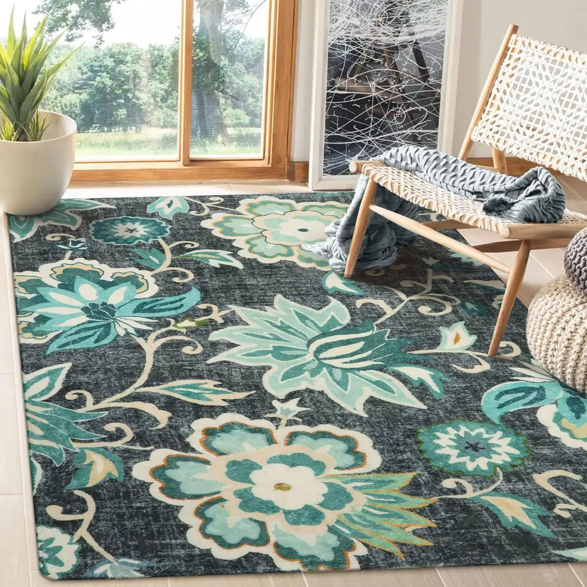 Floral Washable Carpet for Living Room - 3x5 Non-Slip Lightweight Kitchen Rugs