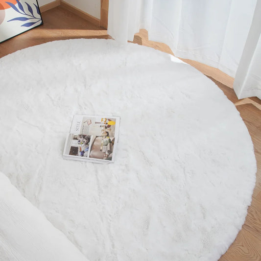 White Round Shag Rug 6ft Faux Rabbit Washable Fur Area Rugs for Living Room Circle Fluffy Rugs for Bedroom Boho Rug
