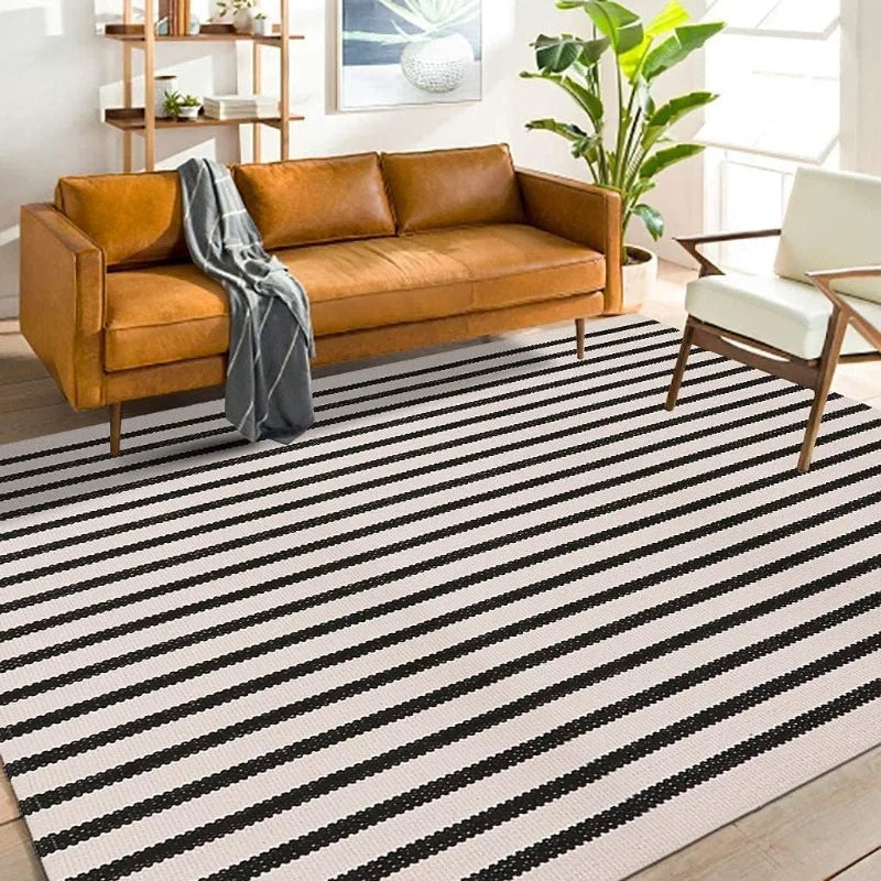 Black and White Striped Outdoor Area Rug 4x6 ft Patio Rugs Washable Woven Cotton Boho Living Room Rug Farmhouse Collection