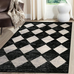 Moroccan Trellis Area Rug - 3x5 Washable Black Entry Rug Non Slip Living Room Mat, Distressed Lattice Soft Stain