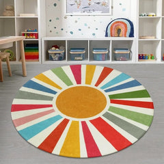 Round Boho Rug 6 Ft Washable Round Area Rug for Playroom, Sunshine Circle Rug for Kids Room, Non-Slip Circluar Rainbow Carpet