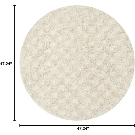 Checkered Boho Round Bathroom Rug 4ft, Small Circle Entryway Rug Cotton Beige Area Rug for Bedroom with Tufted, Farmhouse