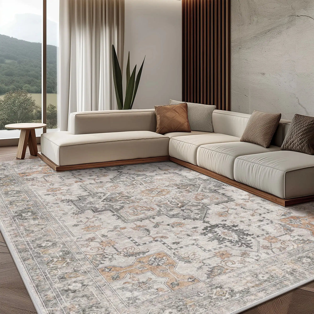 Area Rug 8x10, Machine Washable Rugs for Living Room, Non Slip Carpet Printed, Low Pile, Light Taupe Brown