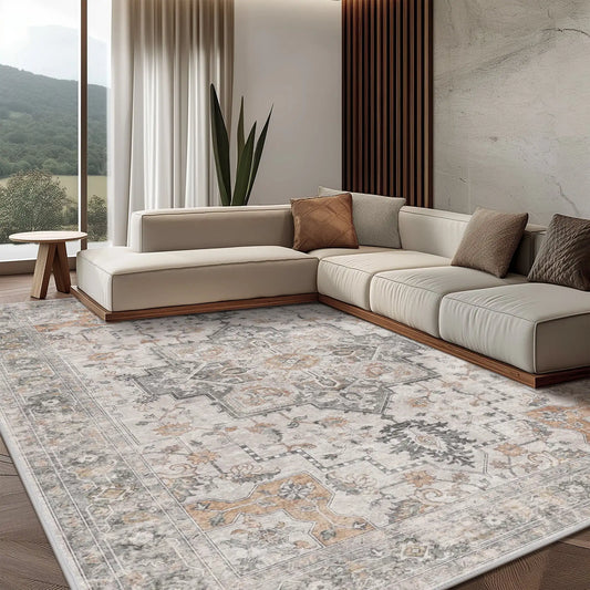Area Rug 8x10, Machine Washable Rugs for Living Room, Non Slip Carpet Printed, Low Pile, Light Taupe Brown