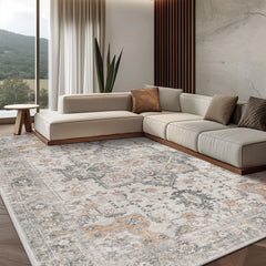 Area Rug 8x10, Machine Washable Rugs for Living Room, Non Slip Carpet Printed, Low Pile, Light Taupe Brown