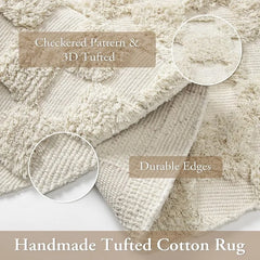 Checkered Boho Round Bathroom Rug 4ft, Small Circle Entryway Rug Cotton Beige Area Rug for Bedroom with Tufted, Farmhouse