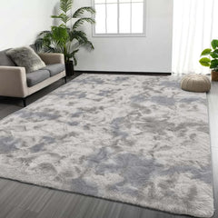 Area Rug 5x7 for Living Room – Soft Tie-Dyed Light Grey Large Shag Rug Non-Slip Indoor Floor Carpet for Bedroom