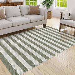 Green and White Striped Outdoor Rug 5x7, Washable Cotton Woven Patio Rug