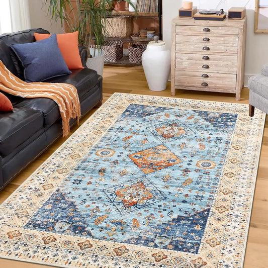 9x12 Large Vintage Rug with Rubber Backing Distressed Rug Indoor Stain Resistant Low Pile Oriental Throw Floor Covers Boho Accen