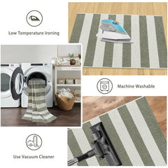 Green and White Striped Outdoor Rug 5x7, Washable Cotton Woven Patio Rug