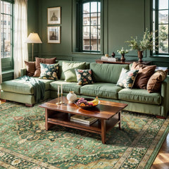 Green Area Rug 5x8, Washable, Boho Vintage, Non-Slip, Family & Pet Friendly, Print Floor Rug (Border Green)