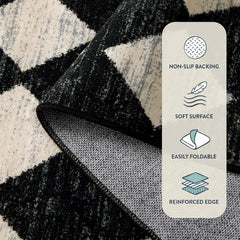 Moroccan Trellis Area Rug - 3x5 Washable Black Entry Rug Non Slip Living Room Mat, Distressed Lattice Soft Stain