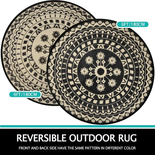 6Ft Round Outdoor Rug for Patio Reversible Mat Waterproof Plastic Straw Rug Boho Circle Indoor Outside Area Rug for RV