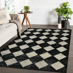 Moroccan Trellis Area Rug - 3x5 Washable Black Entry Rug Non Slip Living Room Mat, Distressed Lattice Soft Stain
