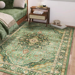 Green Area Rug 5x8, Washable, Boho Vintage, Non-Slip, Family & Pet Friendly, Print Floor Rug (Border Green)