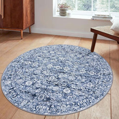 Blue 5' Round Rug Washable Rug for Entryway Soft Non-Slip Area Rugs Distressed Floral Low-Pile Carpet, Neutral Vintage Circle