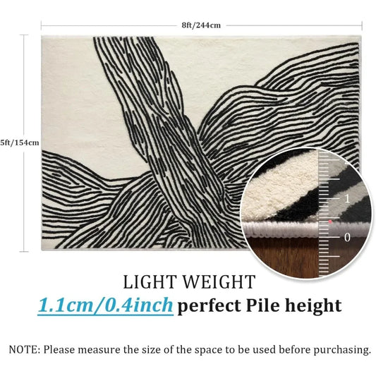5×8 Feet Area Rugs Non-Shedding Washable, Nonslip Throw Rugs Soft Thin Contemporary Striped - Black and White Rug, Carpet