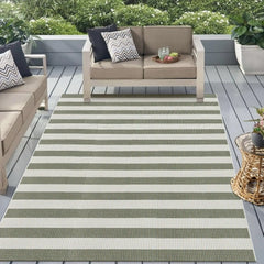 Green and White Striped Outdoor Rug 5x7, Washable Cotton Woven Patio Rug
