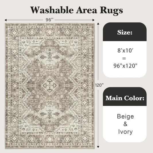 Area Rug (8x10 Feet) - Stain Resistant Washable Rugs, Anti Slip Backing Rugs for Living Room, Vintage Tribal Area Rug, Carpet