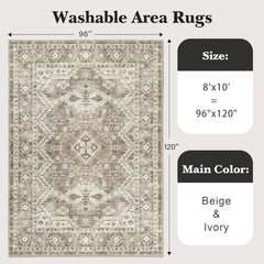 Area Rug (8x10 Feet) - Stain Resistant Washable Rugs, Anti Slip Backing Rugs for Living Room, Vintage Tribal Area Rug, Carpet