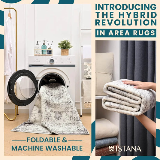 8x10 Rug – White Cream/Grey Area Rug - Foldable Boho Rugs for Living Room 8x10 - Stain Resistant Modern Area Rugs