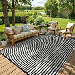 Outdoor Rug Waterproof for Patio Clearance Black and White Camping Rug 8x10 Plastic Straw Striped Floor Carpet