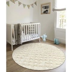 Checkered Boho Round Bathroom Rug 4ft, Small Circle Entryway Rug Cotton Beige Area Rug for Bedroom with Tufted, Farmhouse