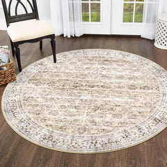 Blue 5' Round Rug Washable Rug for Entryway Soft Non-Slip Area Rugs Distressed Floral Low-Pile Carpet, Neutral Vintage Circle