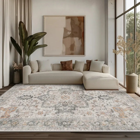 Modern Area Rug 8x10, Machine Washable Rugs for Living Room, Non Slip Carpet Printed, Low Pile, Light Taupe Brown