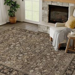 4x6 Machine Washable Rugs Brown Hallway Area Rug Indoor Accent Rug Floral Low Pile Carpet Soft Throw Rug Bedroom Living
