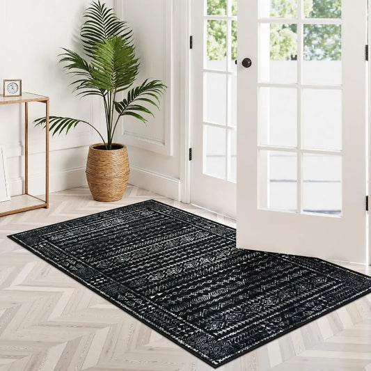 Boho Washable 3x5 Area Rugs for Kitchen Floor Entry, Black and White Rug Modern Indoor Mats for Entryway Non Slip