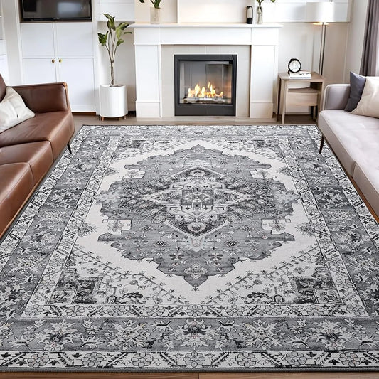 Vintage 5x7 Area Rug Non-Slip Machine Washable Living Room Carpet Soft Low Pile Durable TPR Backing Pet Kids Friendly
