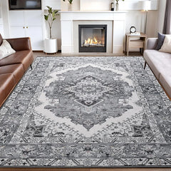 Vintage 5x7 Area Rug Non-Slip Machine Washable Living Room Carpet Soft Low Pile Durable TPR Backing Pet Kids Friendly