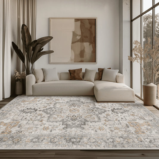 Area Rug 8x10, Machine Washable Rugs for Living Room, Non Slip Carpet Printed, Low Pile, Light Taupe Brown