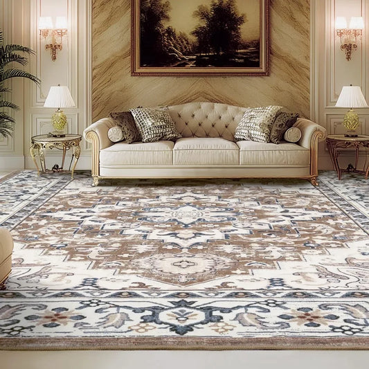 8 x 10 Area Rugs for Living Room, Faux Wool Low Pile Area Rug for Bedroom, Floral Medallion Vintage Rugs, Brown Beige, Carpet