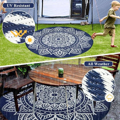 Round Outdoor Rug 8ft Boho Round Patio Rug Waterproof Plastic Outdoor Carpet for Patio All Weather Camping Rugs RV Mats
