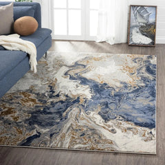 Marble Swirl Abstract Area Rug, Blue 9x12
