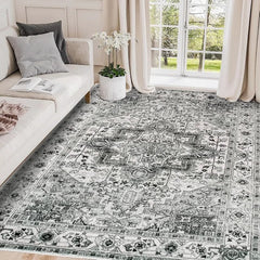 Area Rug - 5x7 Living Room Rug, Grey Vintage Washable, Soft Non Slip Low Pile Boho Printed Carpet, Retro for Bedroom Dining