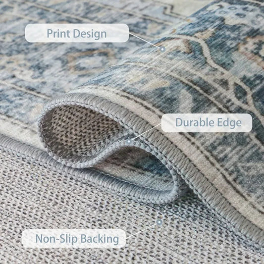 Modern 8x10 Area Rugs for Living Room, Non Slip Machine Washable Retro Rugs, Low Pile Chenille Print Rug for Bedroom,