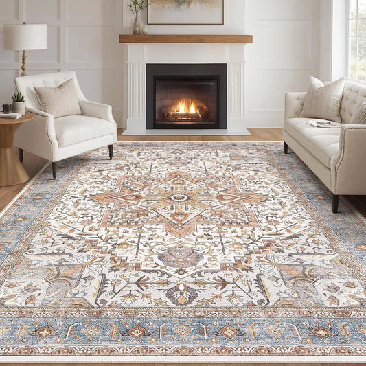 Area Rug Living Room Rugs - 8x10 Washable Boho Rug Vintage Oriental Distressed Farmhouse Large Thin Indoor Carpet for