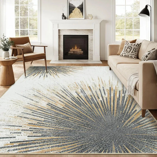 Modern 10x14 area washable ultra-thin living room carpet, bedroom office abstract print interior soft neutral carpet