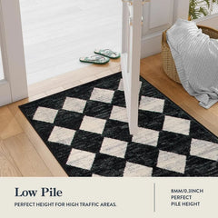 Moroccan Trellis Area Rug - 3x5 Washable Black Entry Rug Non Slip Living Room Mat, Distressed Lattice Soft Stain