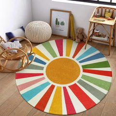 Round Boho Rug 6 Ft Washable Round Area Rug for Playroom, Sunshine Circle Rug for Kids Room, Non-Slip Circluar Rainbow Carpet